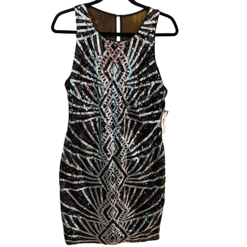 NWT Bisou Bisou Michele Bohbot Sequin Bodycon Dress Black Silver Sz 12 Prom Glam
